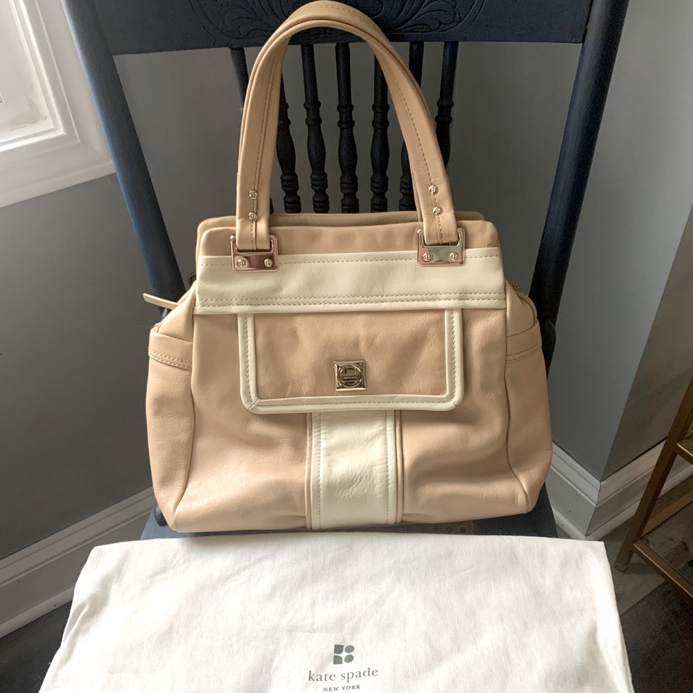 Kate Spade Cream and Tan Double Handle Bowling Bag Handbag Gold Accents